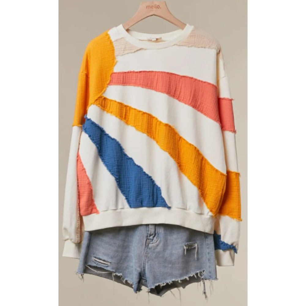 115 Mello Mixed Fabric Sun Patchwork Sweatshirt - MEDIUM - PTP: 25 - (BW)